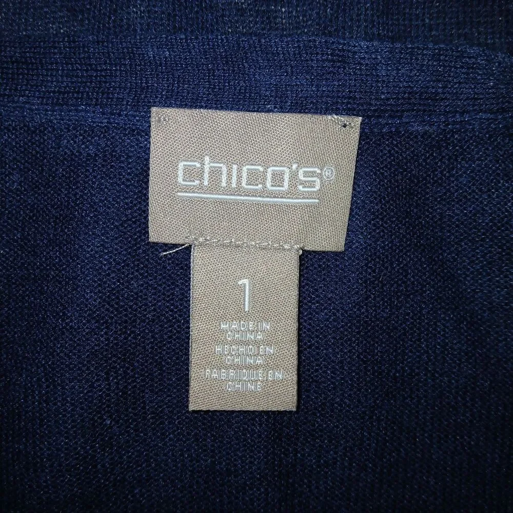 Chicos Womens 1 M Lightweight Minimalist navy blue Open Ft Cardigan 3/4 Sleeve